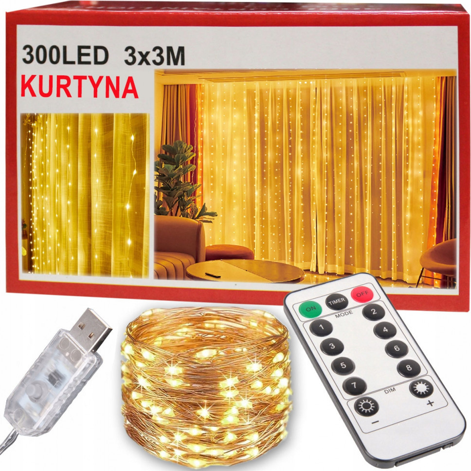 Kurtyna Świetlna 300 LED Girlanda 3x3 m