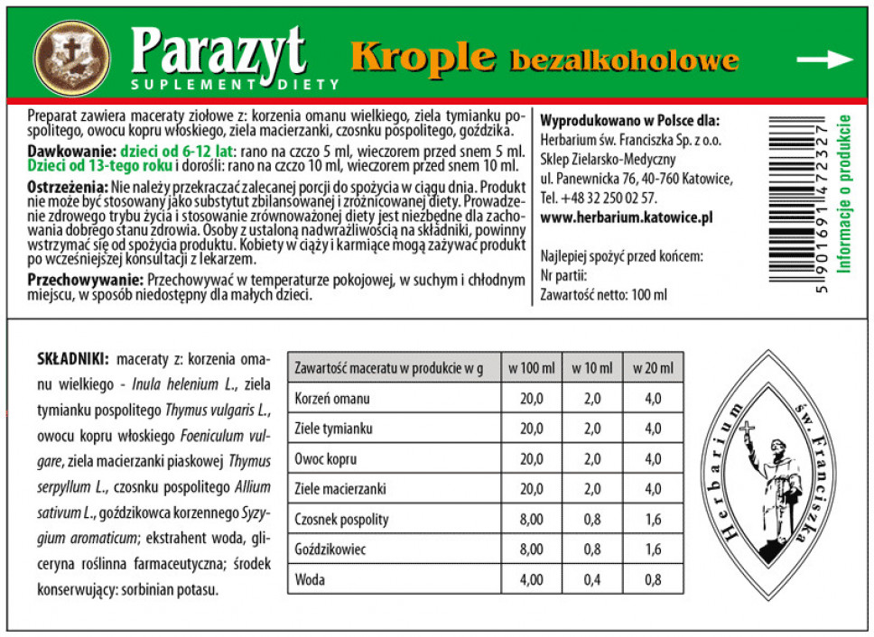 Parazyt (krople) 100 ml - Herbarium Św. Franciszka